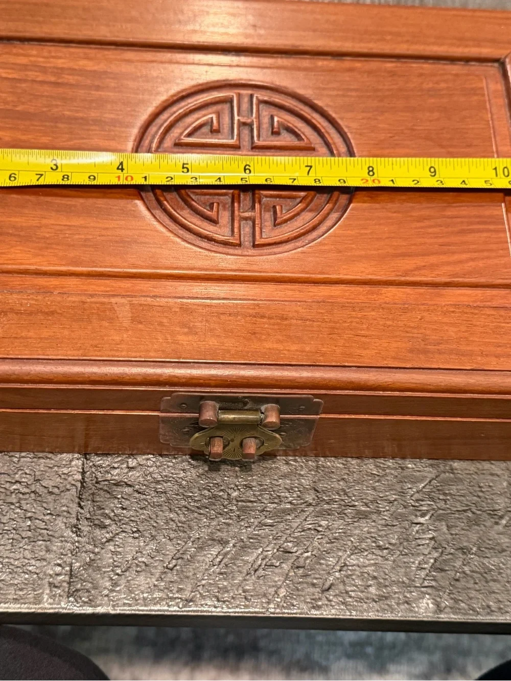 Vintage Chinese Wooden Jewelry Box Longevity Symbol Red Silk Lined Brass Clasp